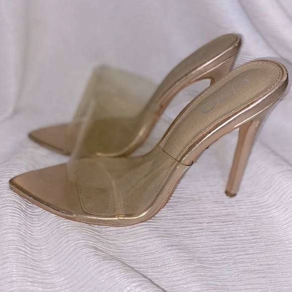 kilo peep toe perspex clear heel mule in nude patent